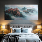 Picturesque Misty Landscape Two Castles Rocks Mountains Forests