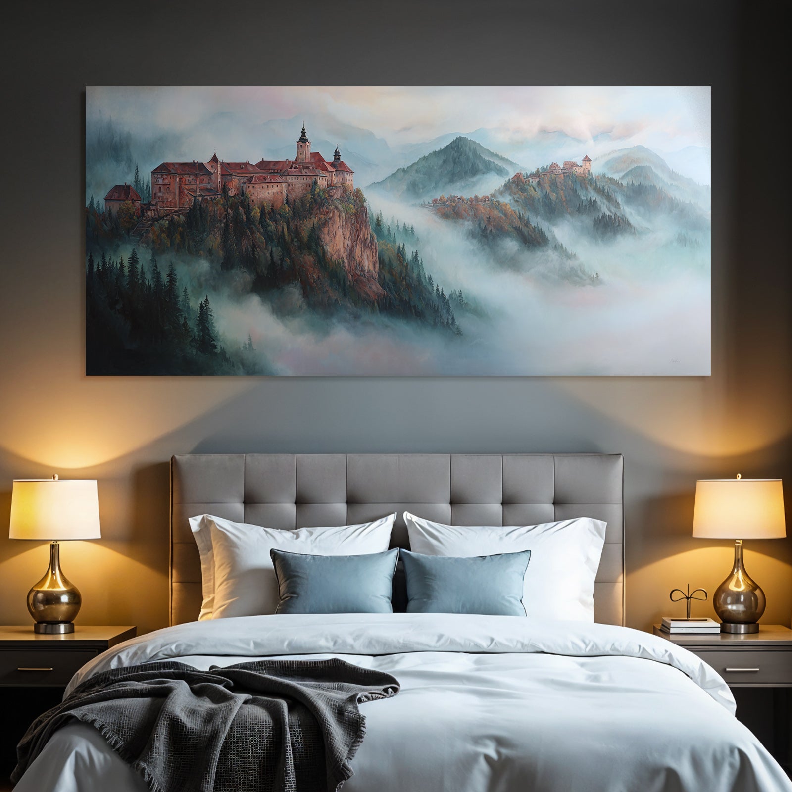 Picturesque Misty Landscape Two Castles Rocks Mountains Forests