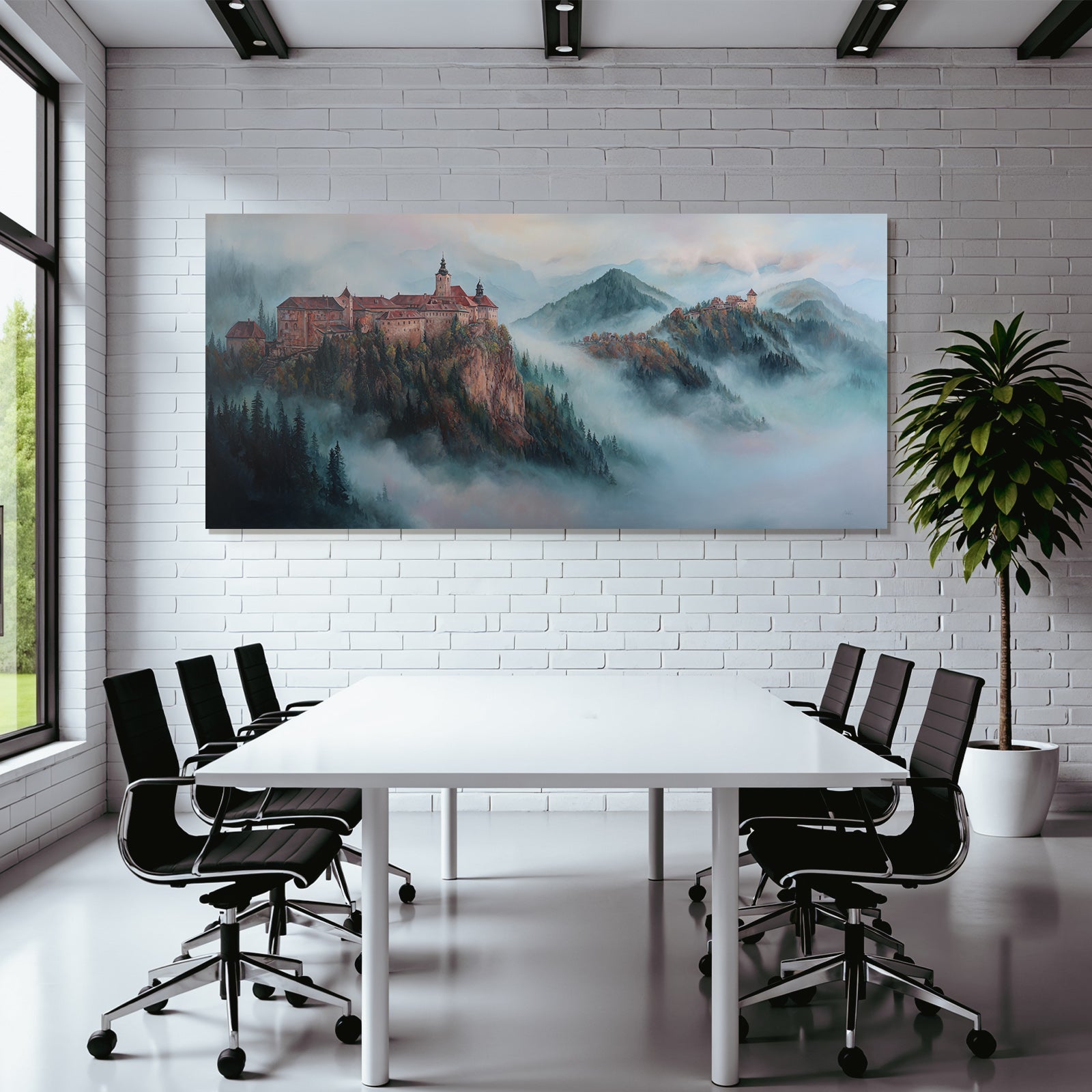 Picturesque Misty Landscape Two Castles Rocks Mountains Forests