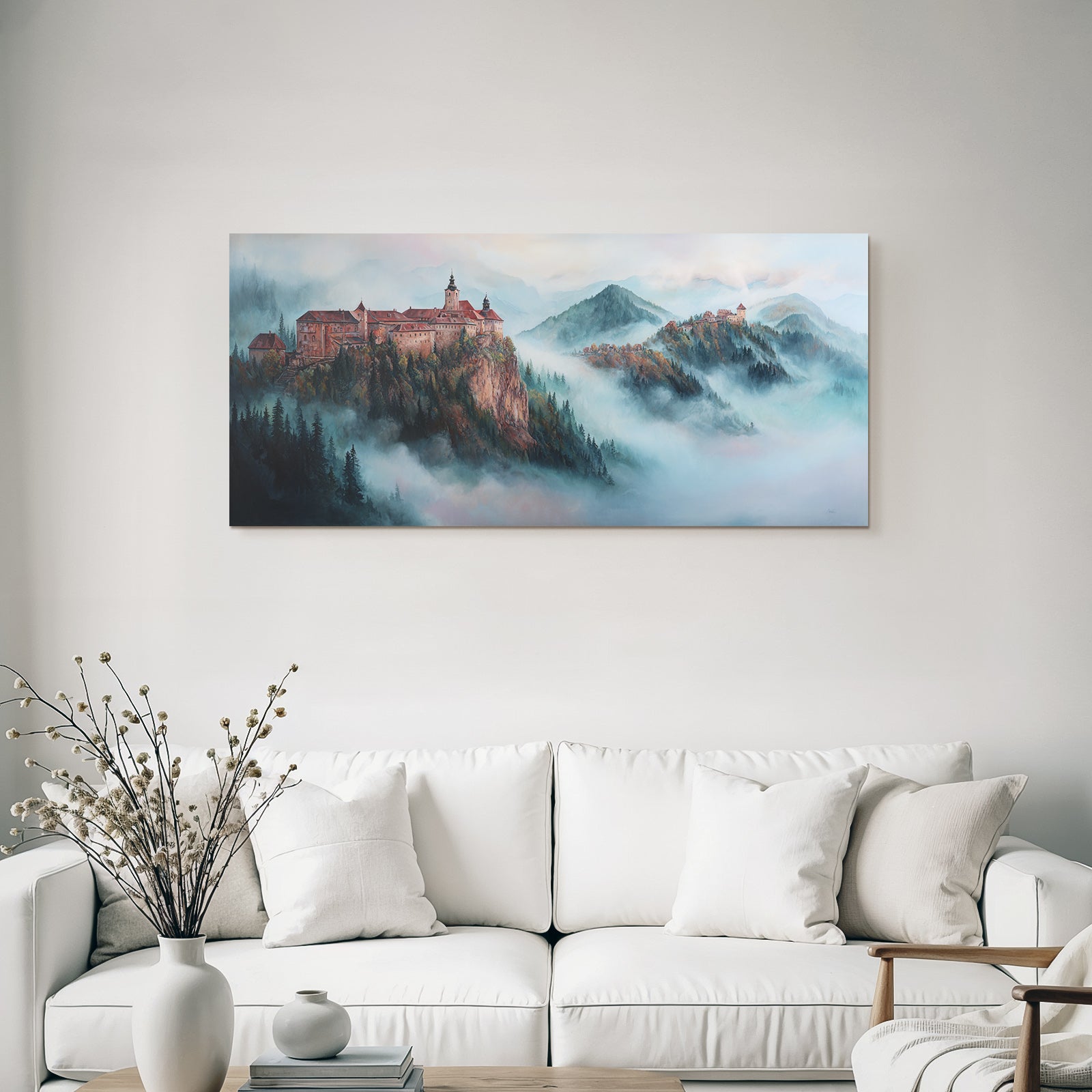 Picturesque Misty Landscape Two Castles Rocks Mountains Forests