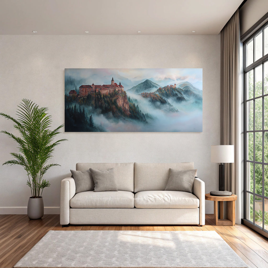Picturesque Misty Landscape Two Castles Rocks Mountains Forests