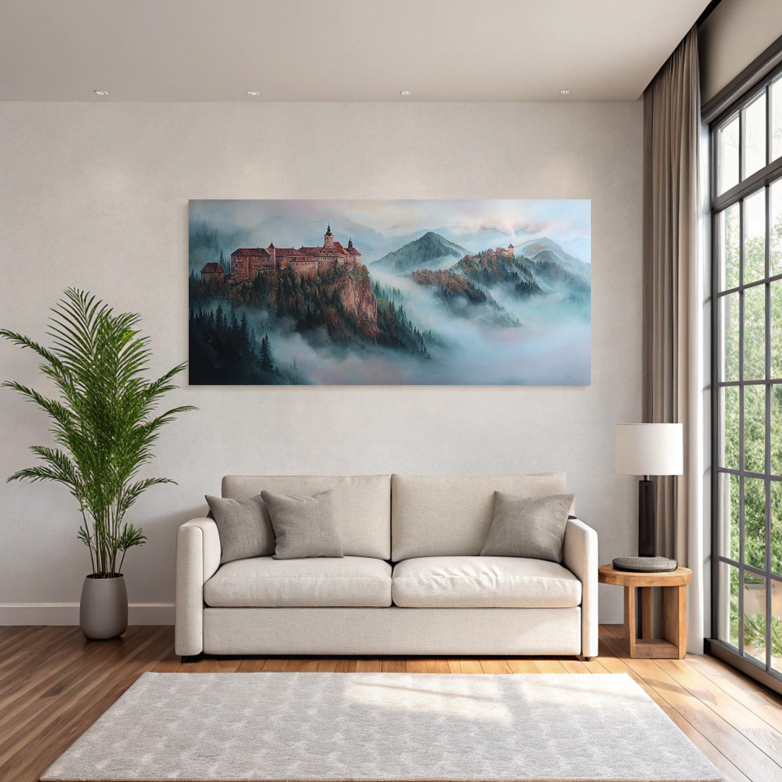 Picturesque Misty Landscape Two Castles Rocks Mountains Forests