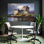 Picturesque castle with dramatic sky and hills