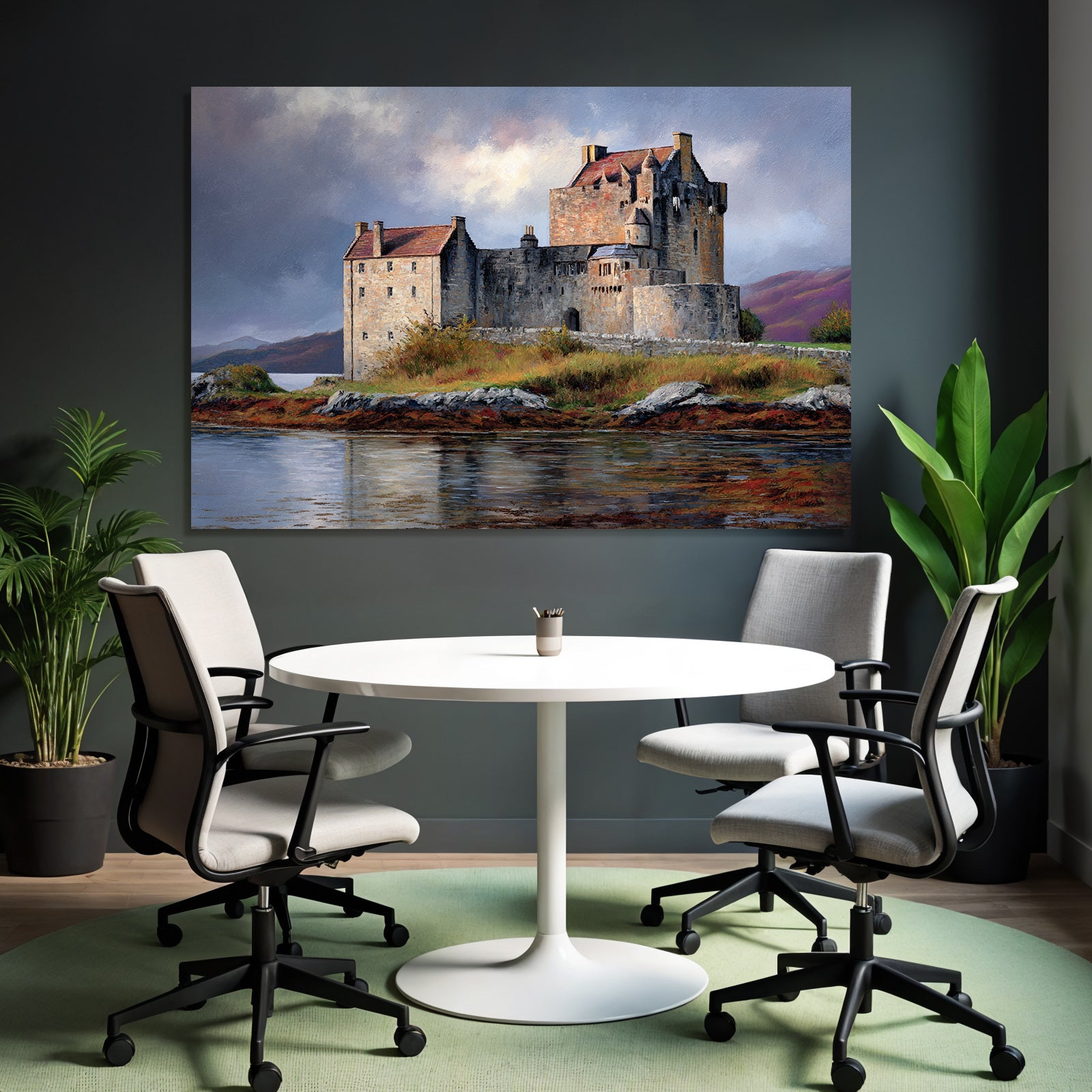 Picturesque castle with dramatic sky and hills