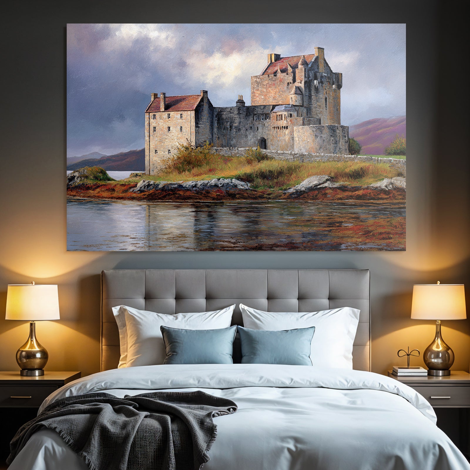 Picturesque castle with dramatic sky and hills