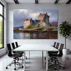 Picturesque castle with dramatic sky and hills