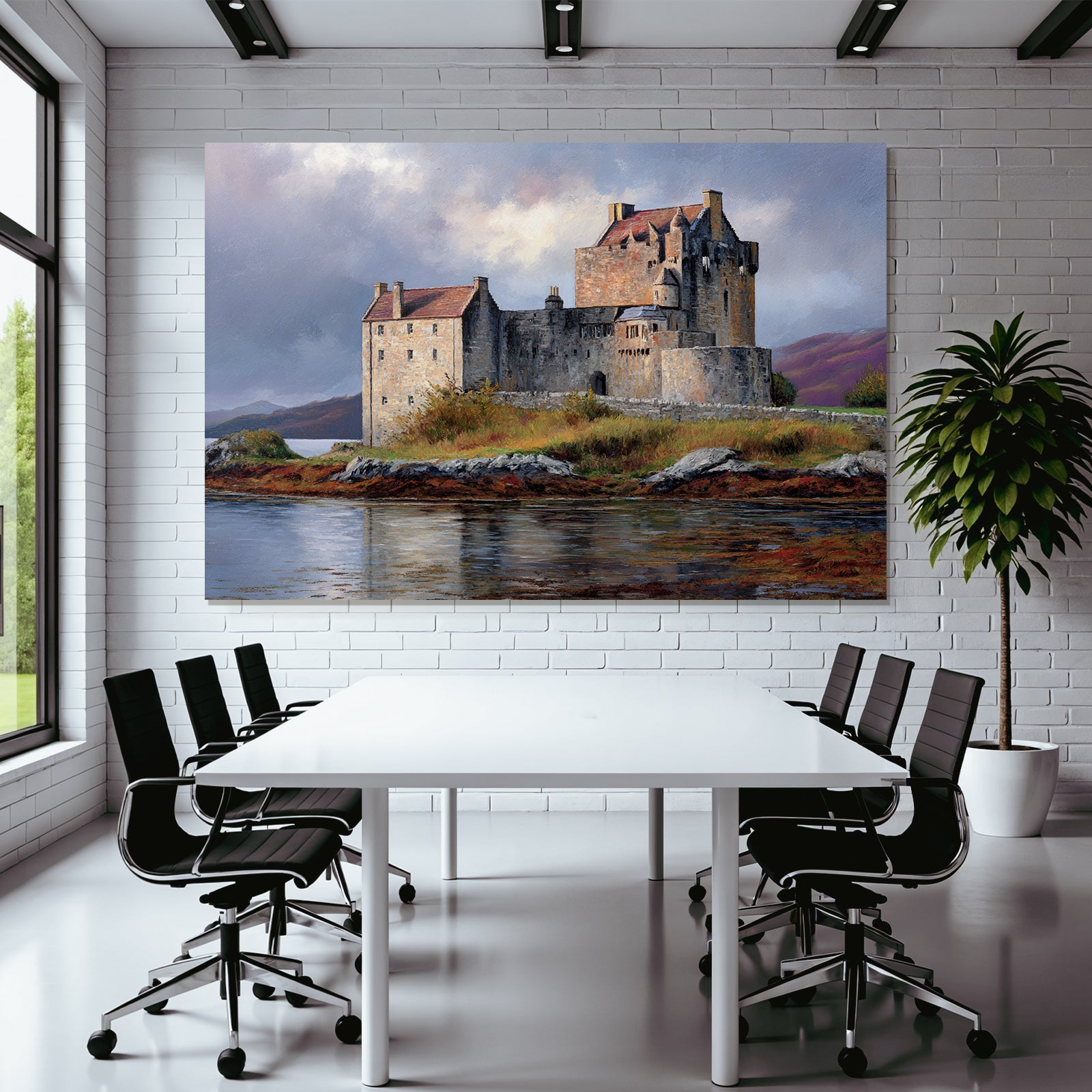 Picturesque castle with dramatic sky and hills