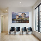 Picturesque castle with dramatic sky and hills