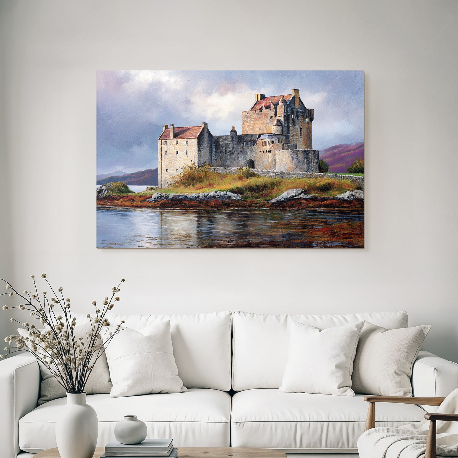 Picturesque castle with dramatic sky and hills