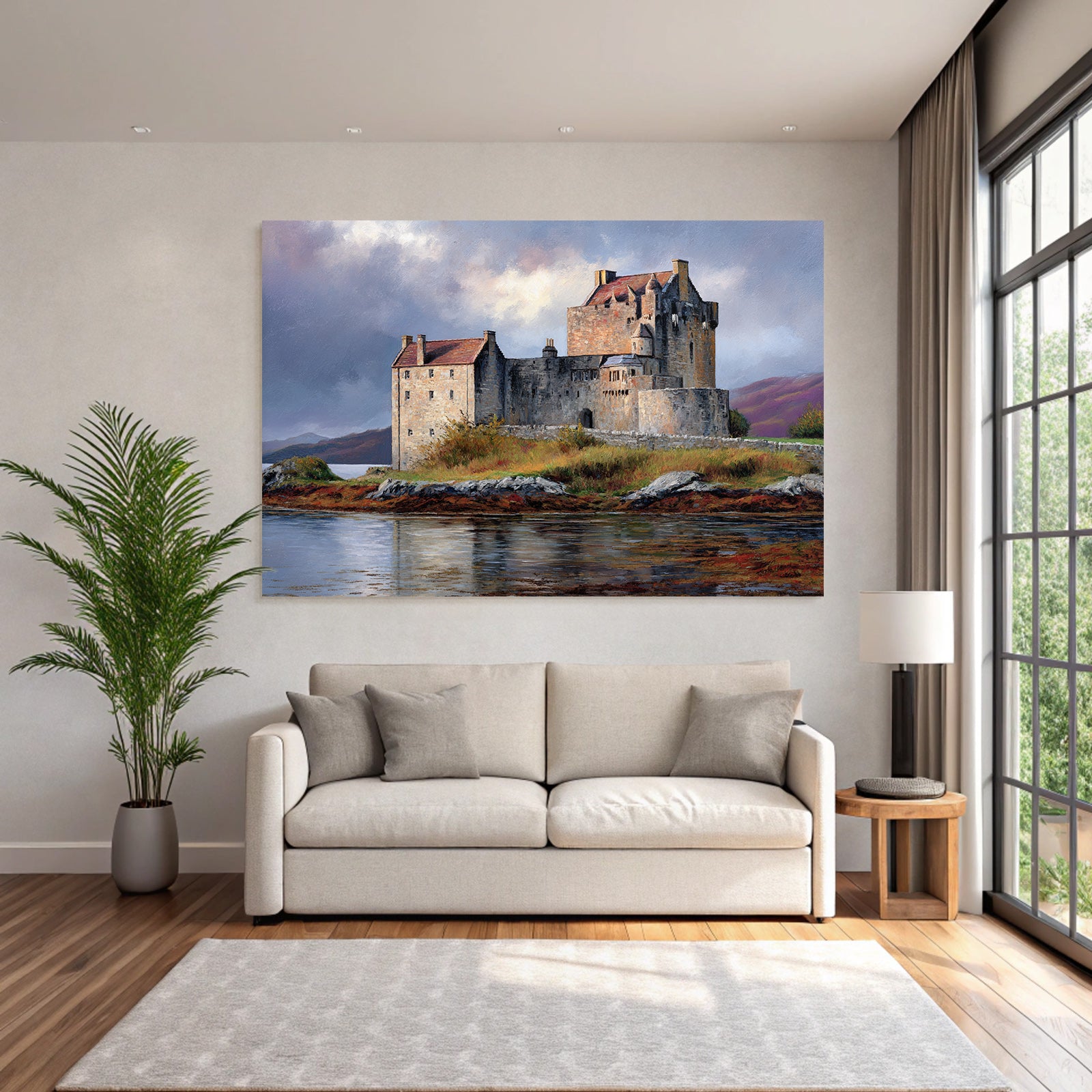 Picturesque castle with dramatic sky and hills