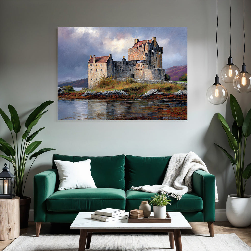 Picturesque castle with dramatic sky and hills
