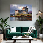 Picturesque castle with dramatic sky and hills