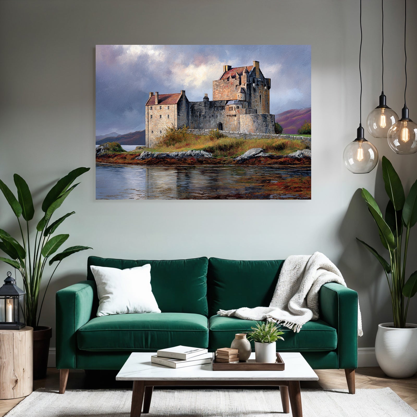 Picturesque castle with dramatic sky and hills