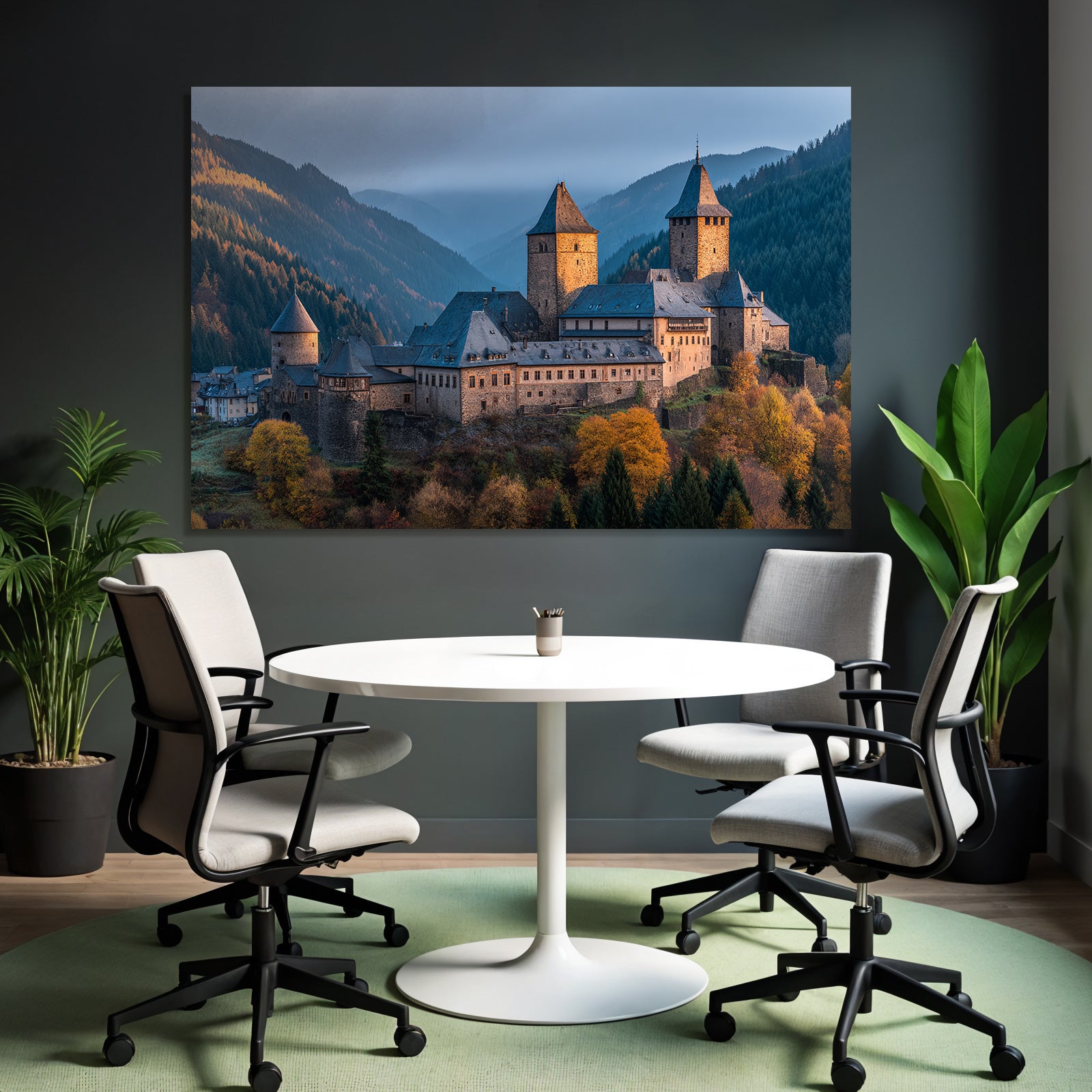 Picturesque castle surrounded by autumn leaves in a mountain landscape