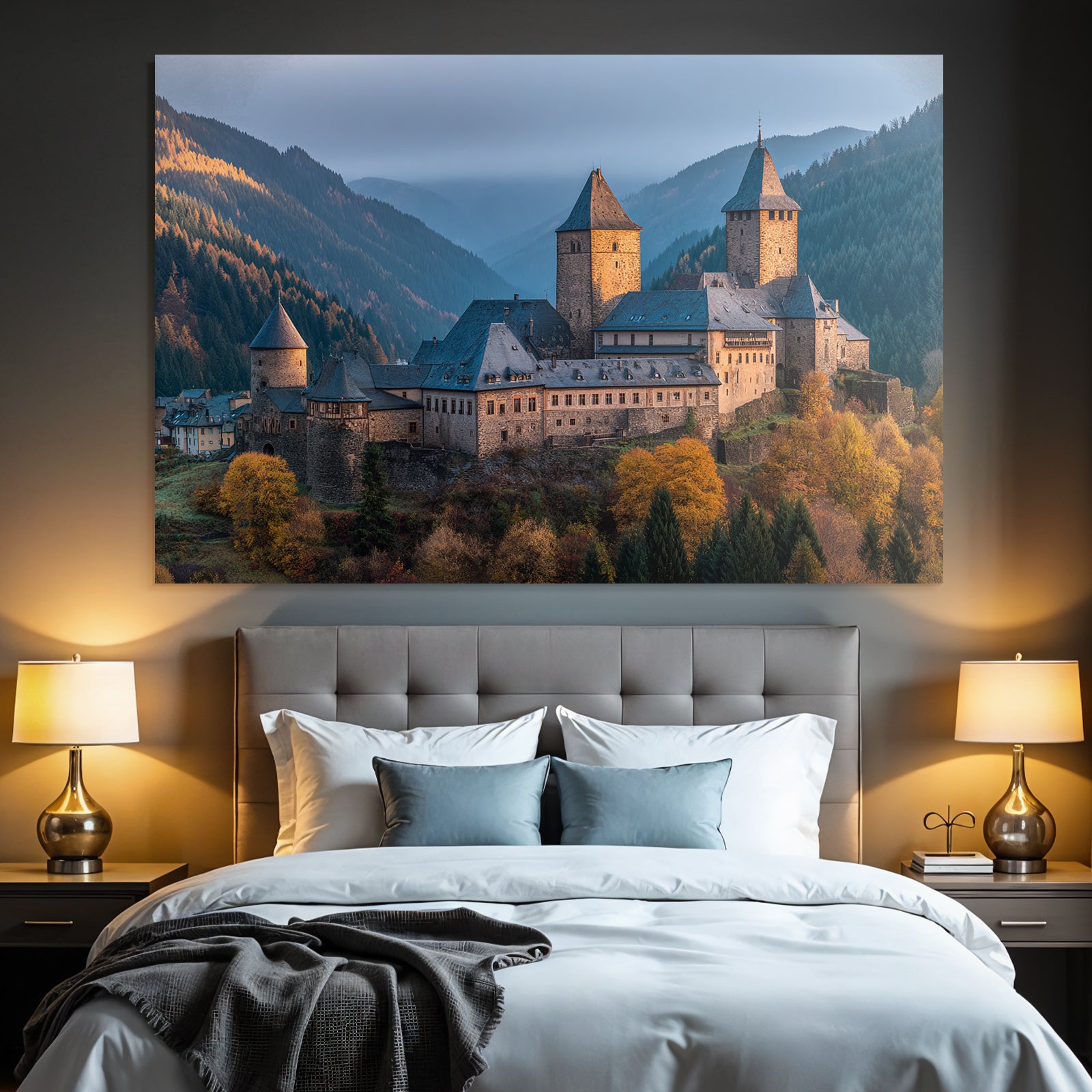 Picturesque castle surrounded by autumn leaves in a mountain landscape
