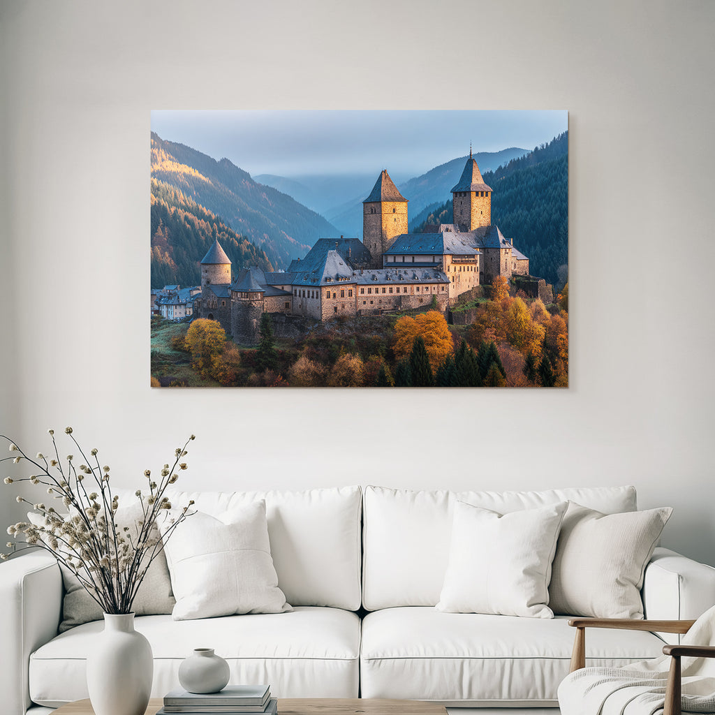 Picturesque castle surrounded by autumn leaves in a mountain landscape