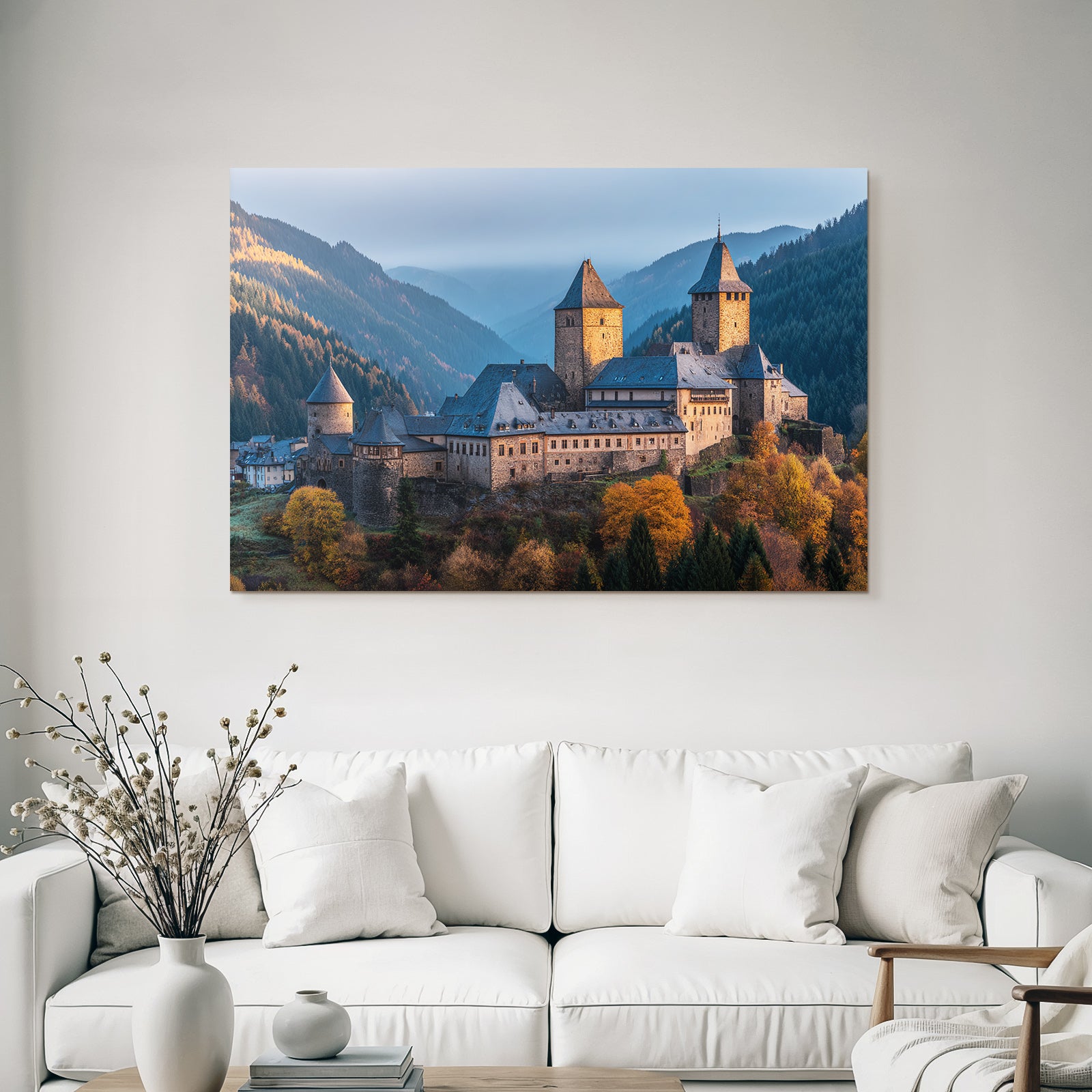 Picturesque castle surrounded by autumn leaves in a mountain landscape