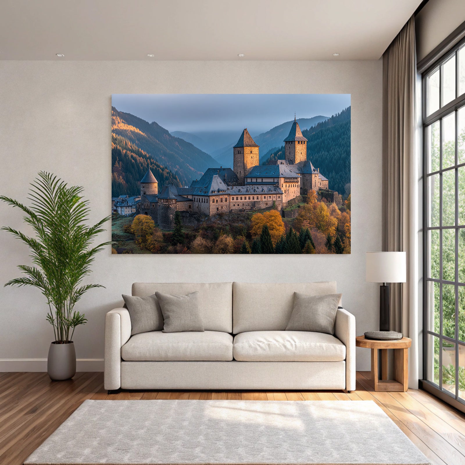 Picturesque castle surrounded by autumn leaves in a mountain landscape