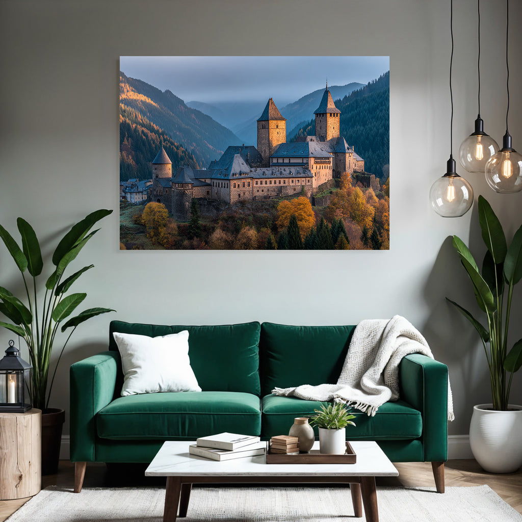 Picturesque castle surrounded by autumn leaves in a mountain landscape