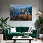Picturesque castle surrounded by autumn leaves in a mountain landscape