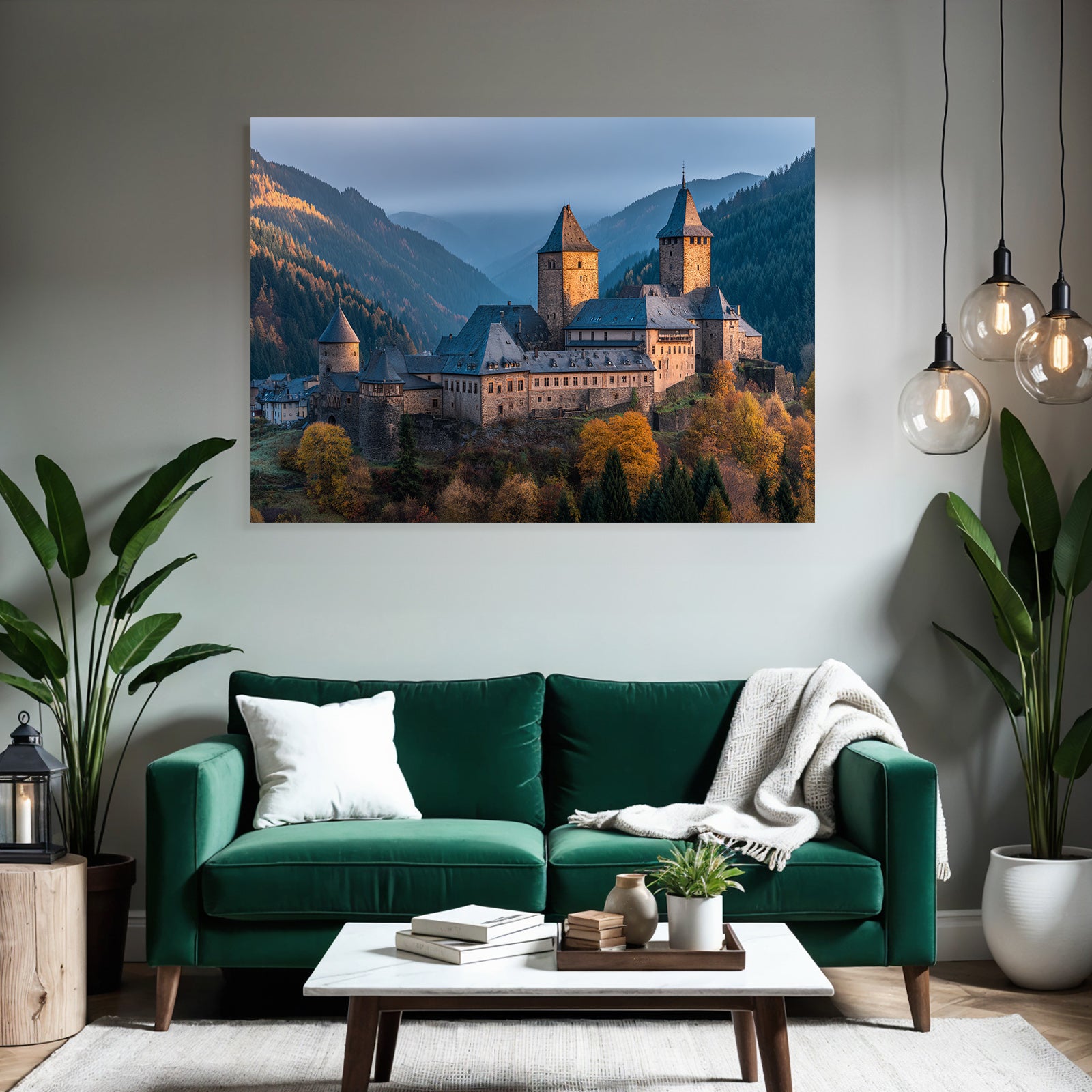 Picturesque castle surrounded by autumn leaves in a mountain landscape
