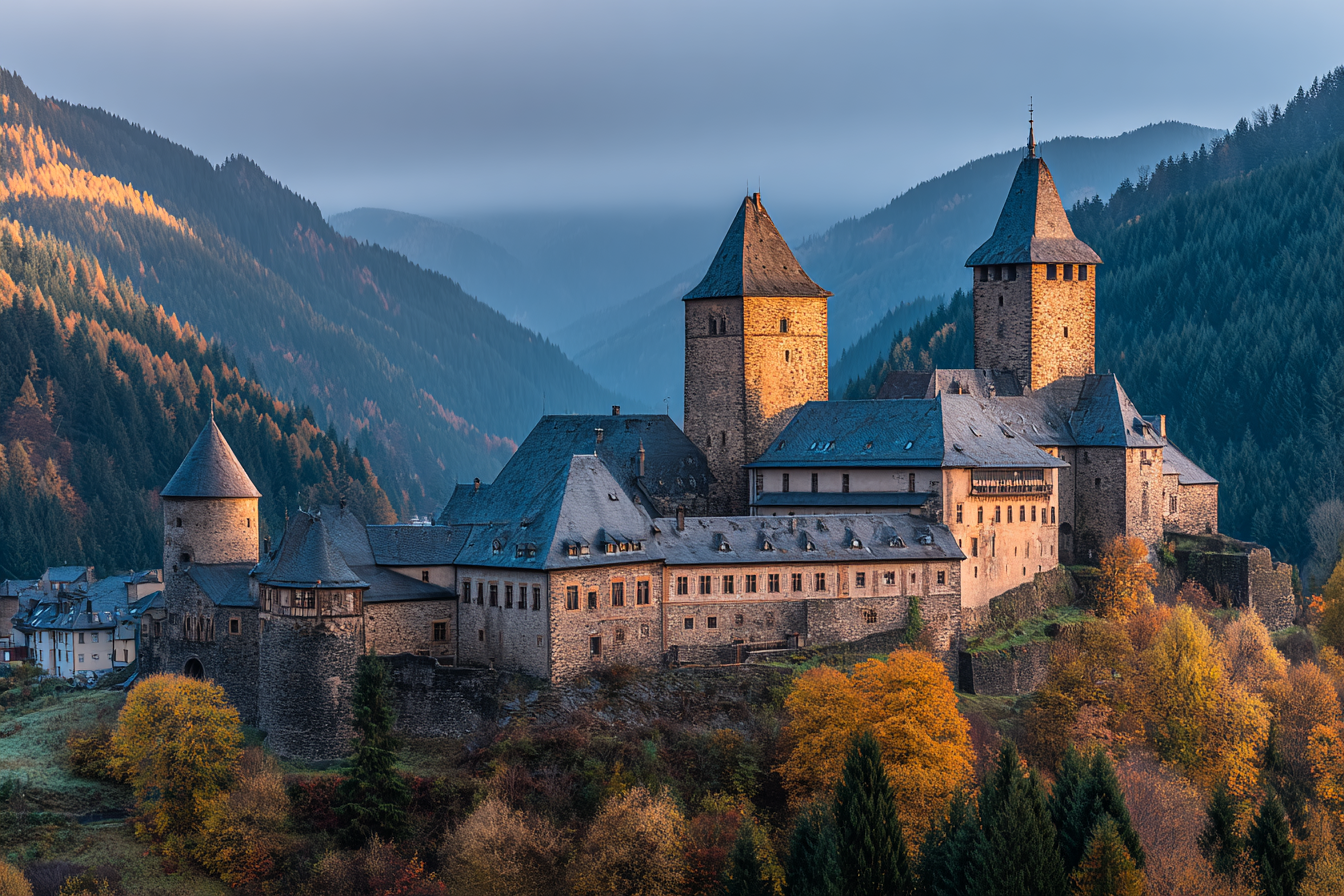 Malerisches Schloss Umgeben Von Herbstlaub In Einer Berglanschaft | Scloesser und Burgen | Architektur