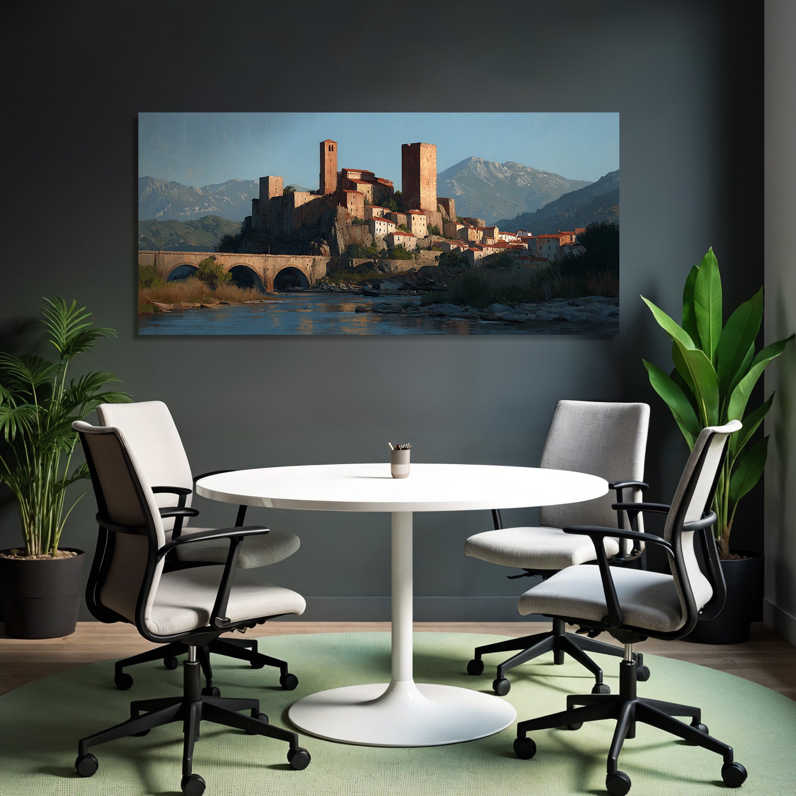 Medieval castle on hill with river and mountains