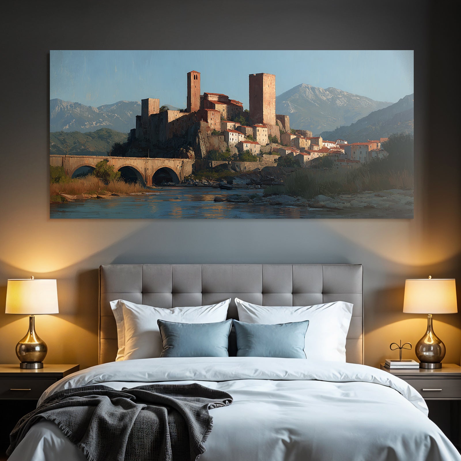 Medieval castle on hill with river and mountains