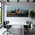 Medieval castle on hill with river and mountains