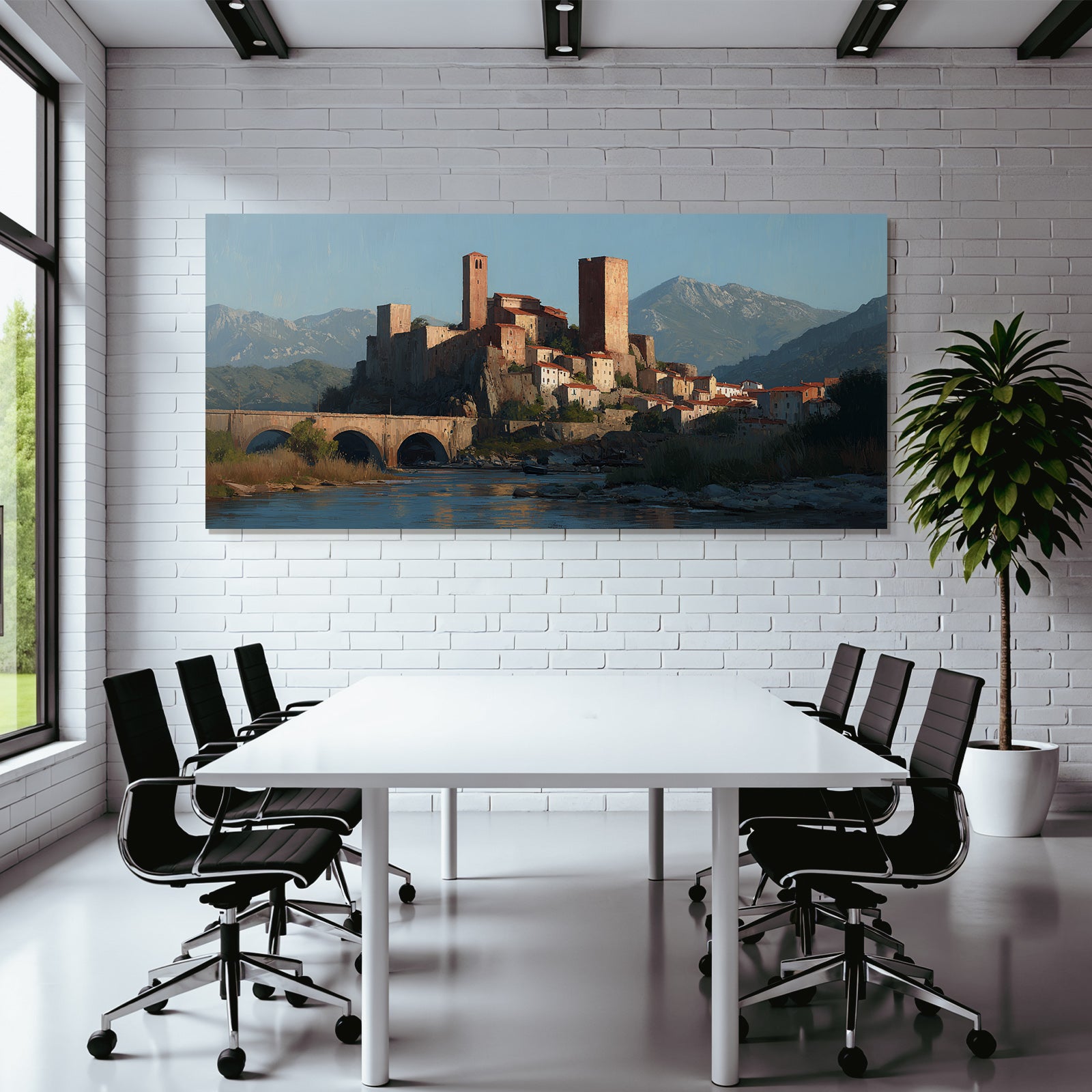 Medieval castle on hill with river and mountains