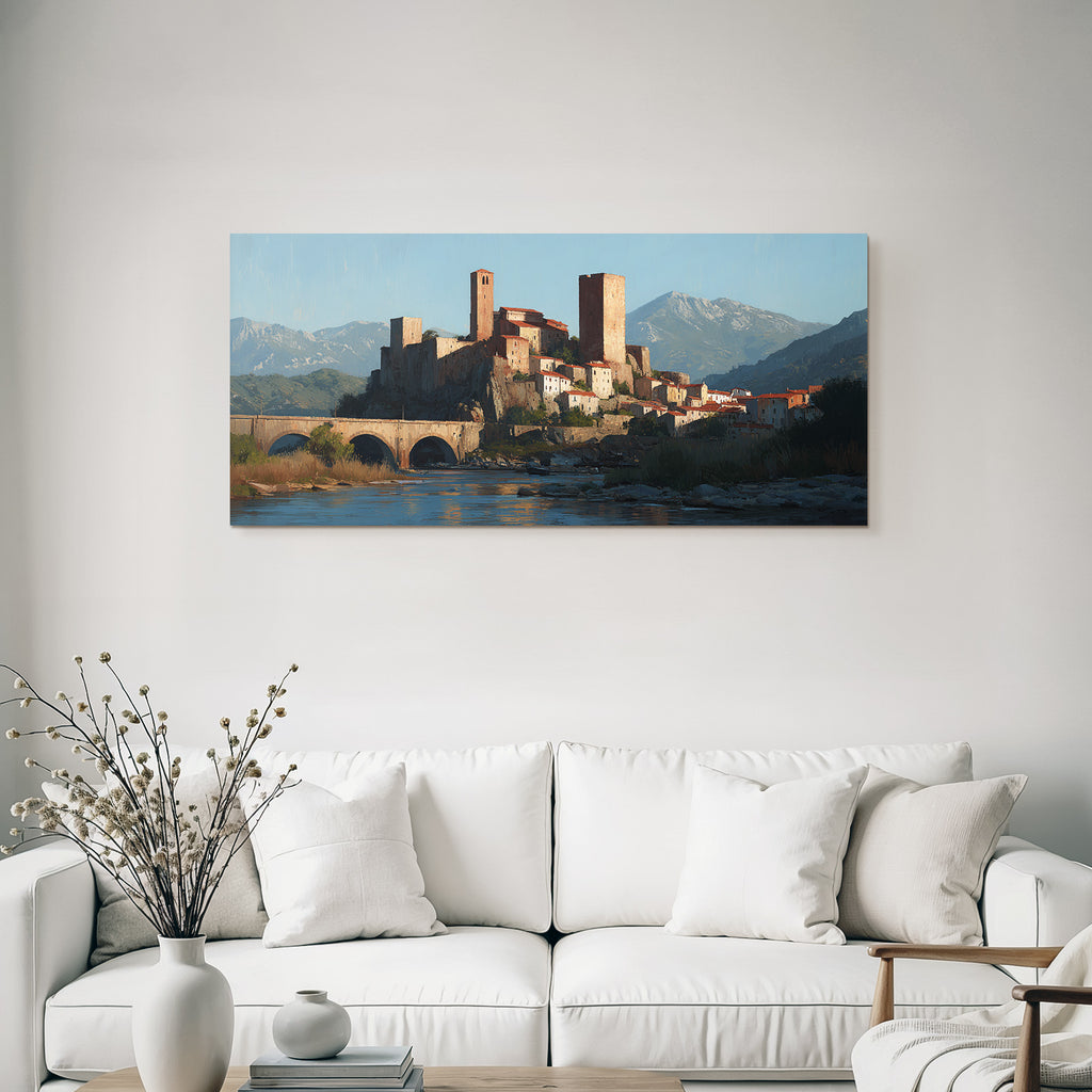 Medieval castle on hill with river and mountains
