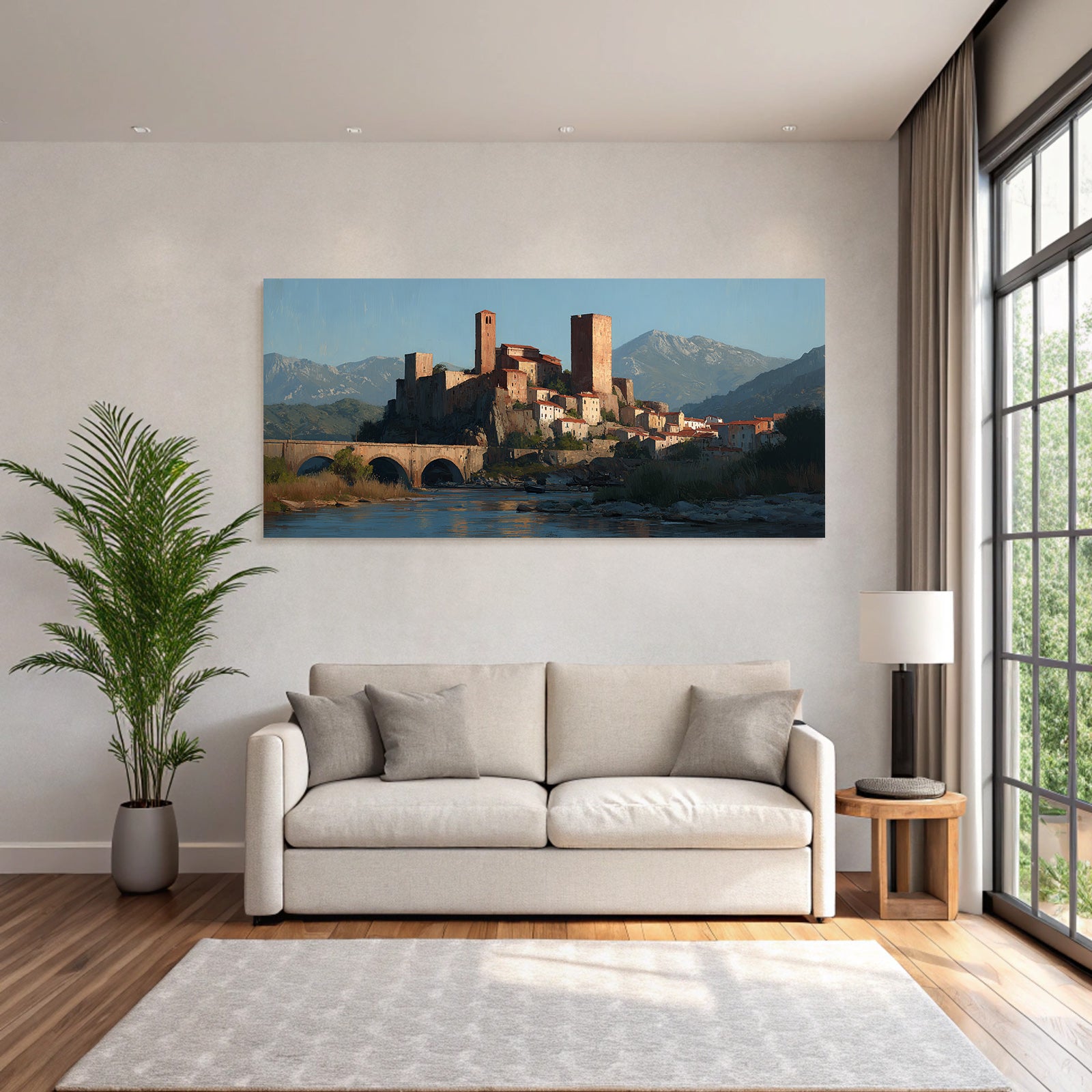Medieval castle on hill with river and mountains