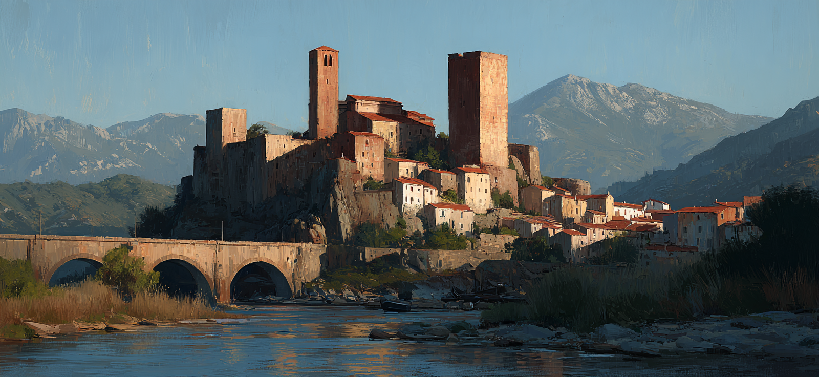 Mittelalterliches Schloss Auf Hügel Mit Fluss Und Bergen | Scloesser und Burgen | Architektur
