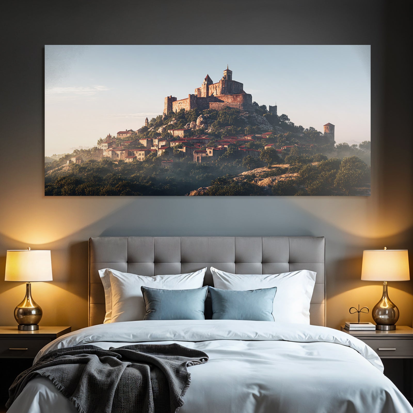 Medieval castle on a hill surrounded by greenery and village