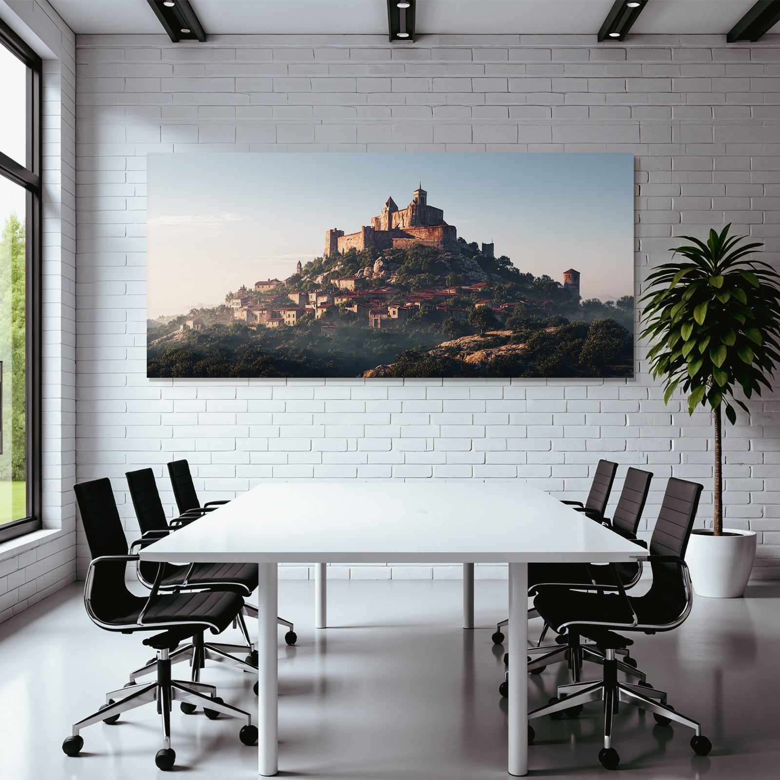 Medieval castle on a hill surrounded by greenery and village