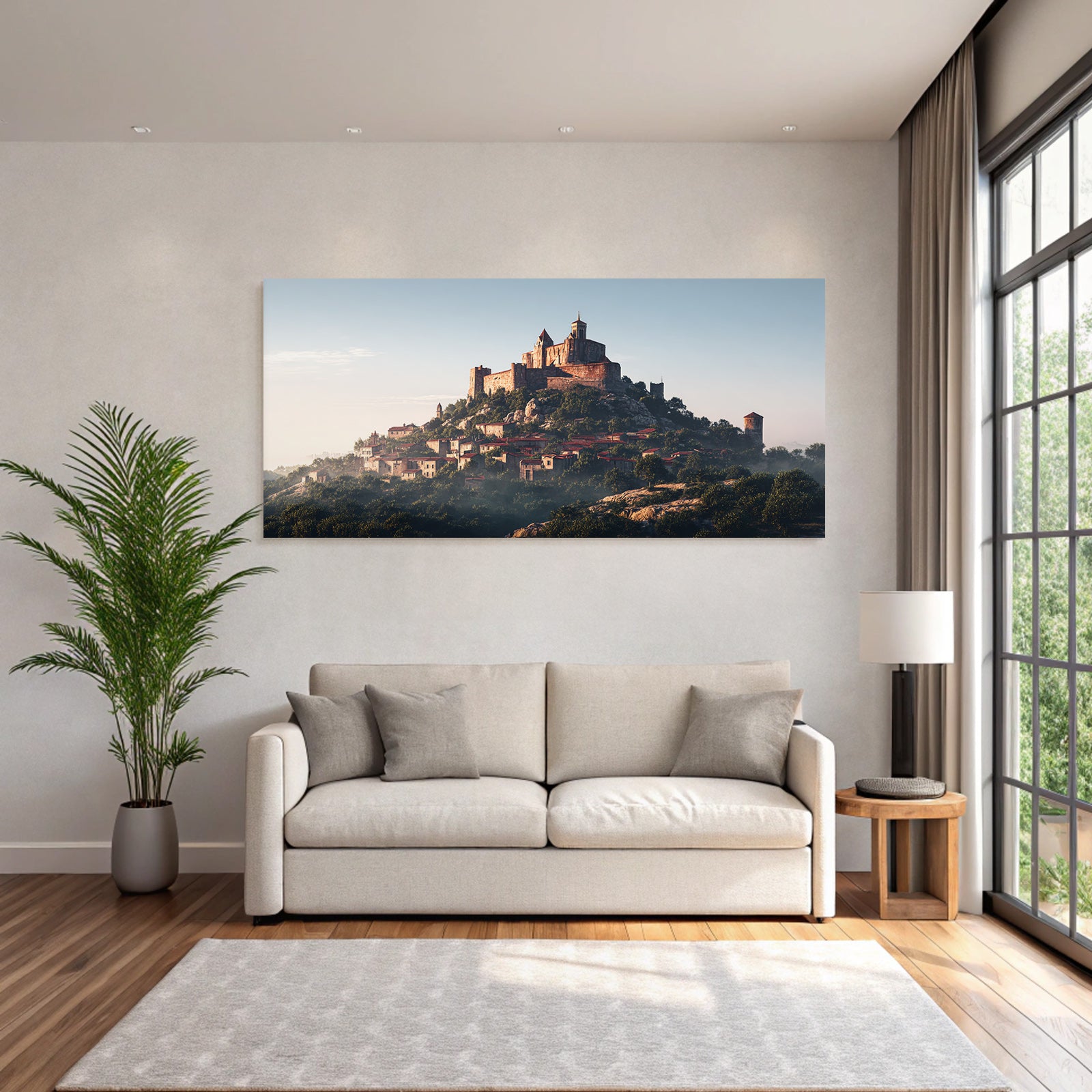 Medieval castle on a hill surrounded by greenery and village