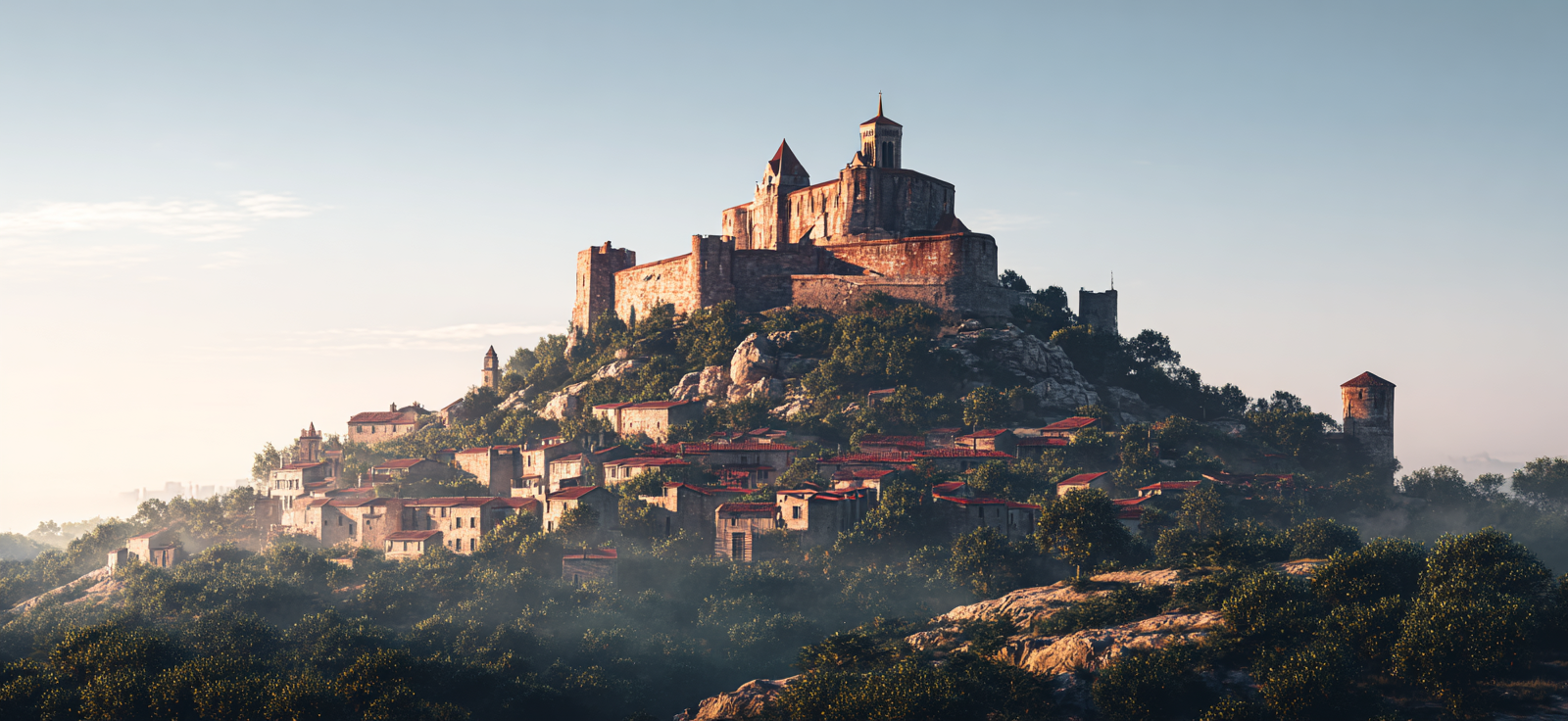 Mittelalterliches Schloss Auf Hügel Umgeben Von Grün Und Dorf | Scloesser und Burgen | Architektur