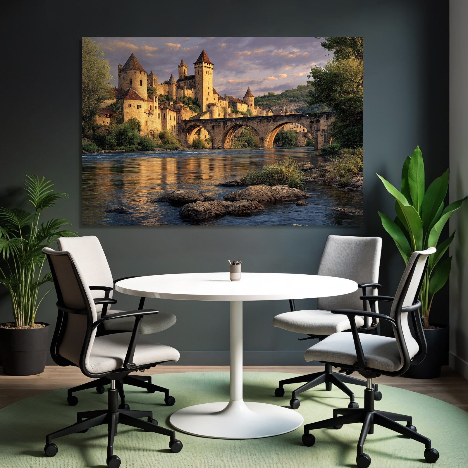 Medieval Castle Stone Bridge River Reflecting Water K Landscape