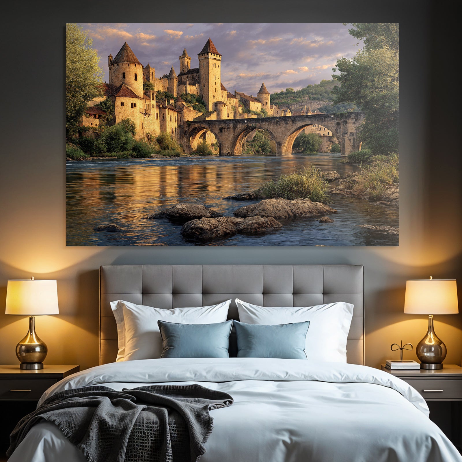 Medieval Castle Stone Bridge River Reflecting Water K Landscape