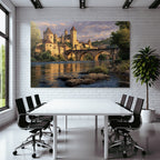Medieval Castle Stone Bridge River Reflecting Water K Landscape