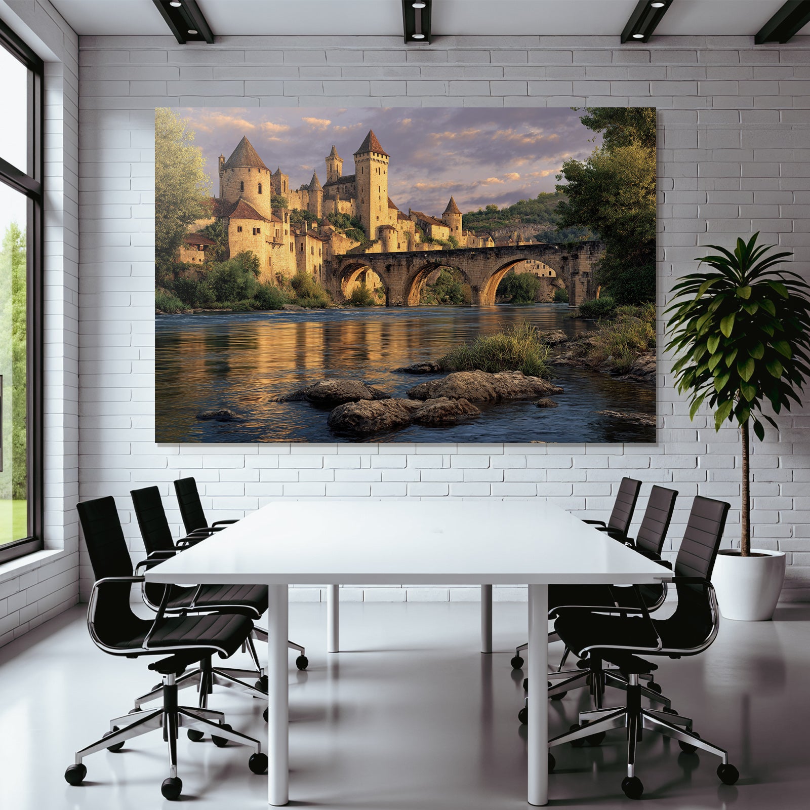 Medieval Castle Stone Bridge River Reflecting Water K Landscape