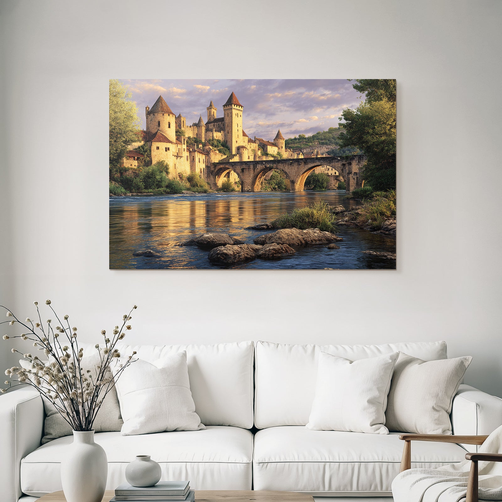 Medieval Castle Stone Bridge River Reflecting Water K Landscape