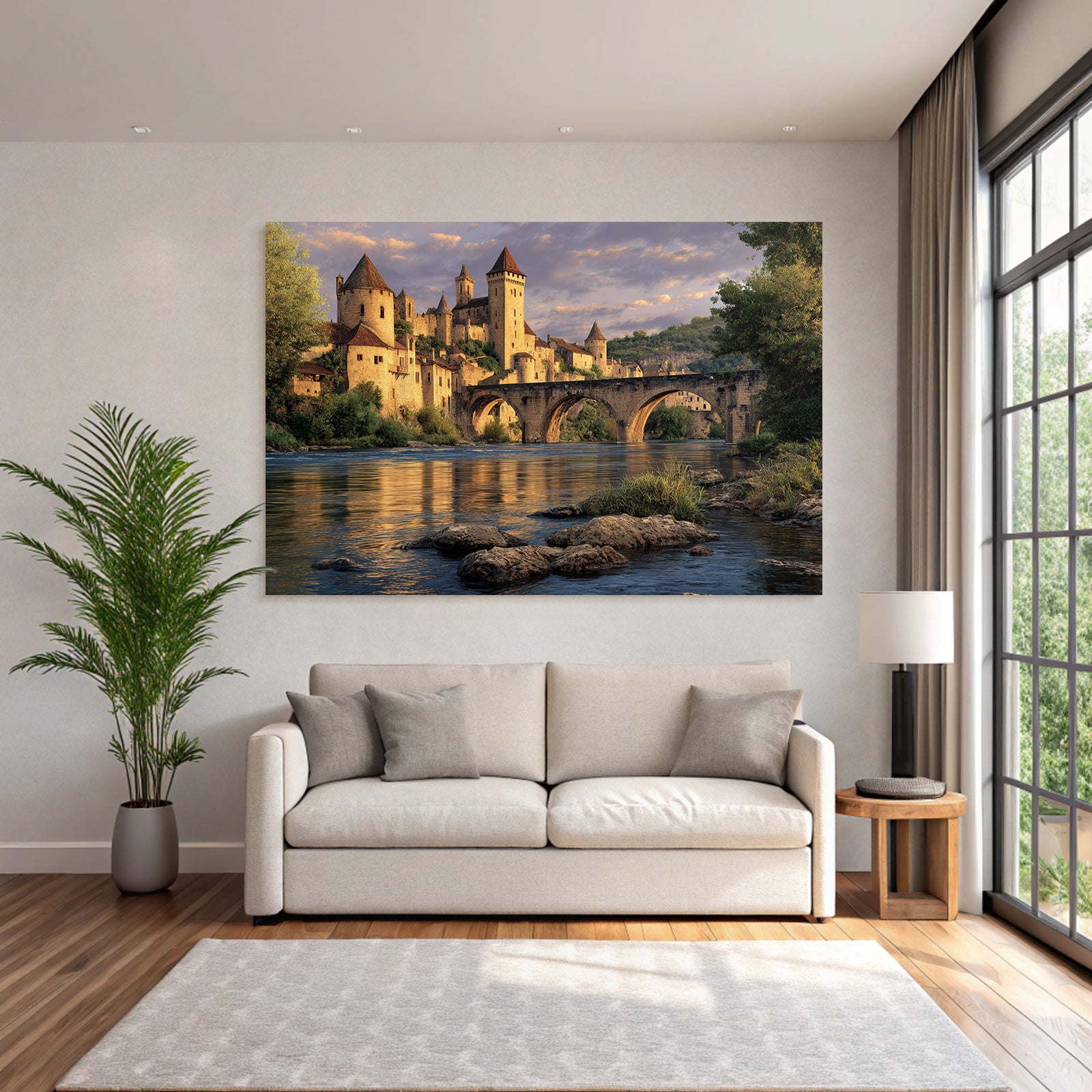 Medieval Castle Stone Bridge River Reflecting Water K Landscape
