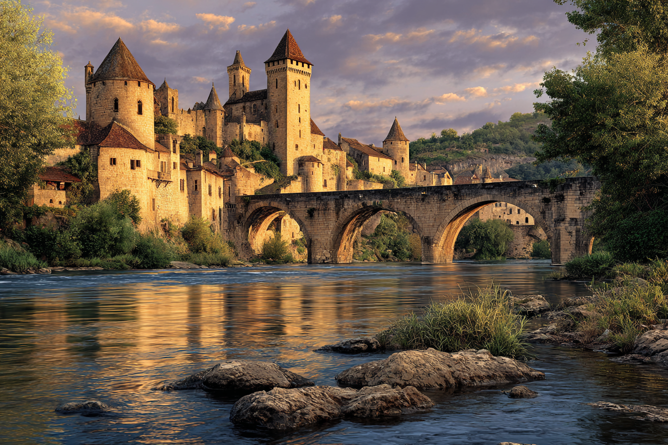 Mittelalterliches Schloss Steinbrücke Fluss Reflektierendes Wasser K Landschaft | Scloesser und Burgen | Architektur