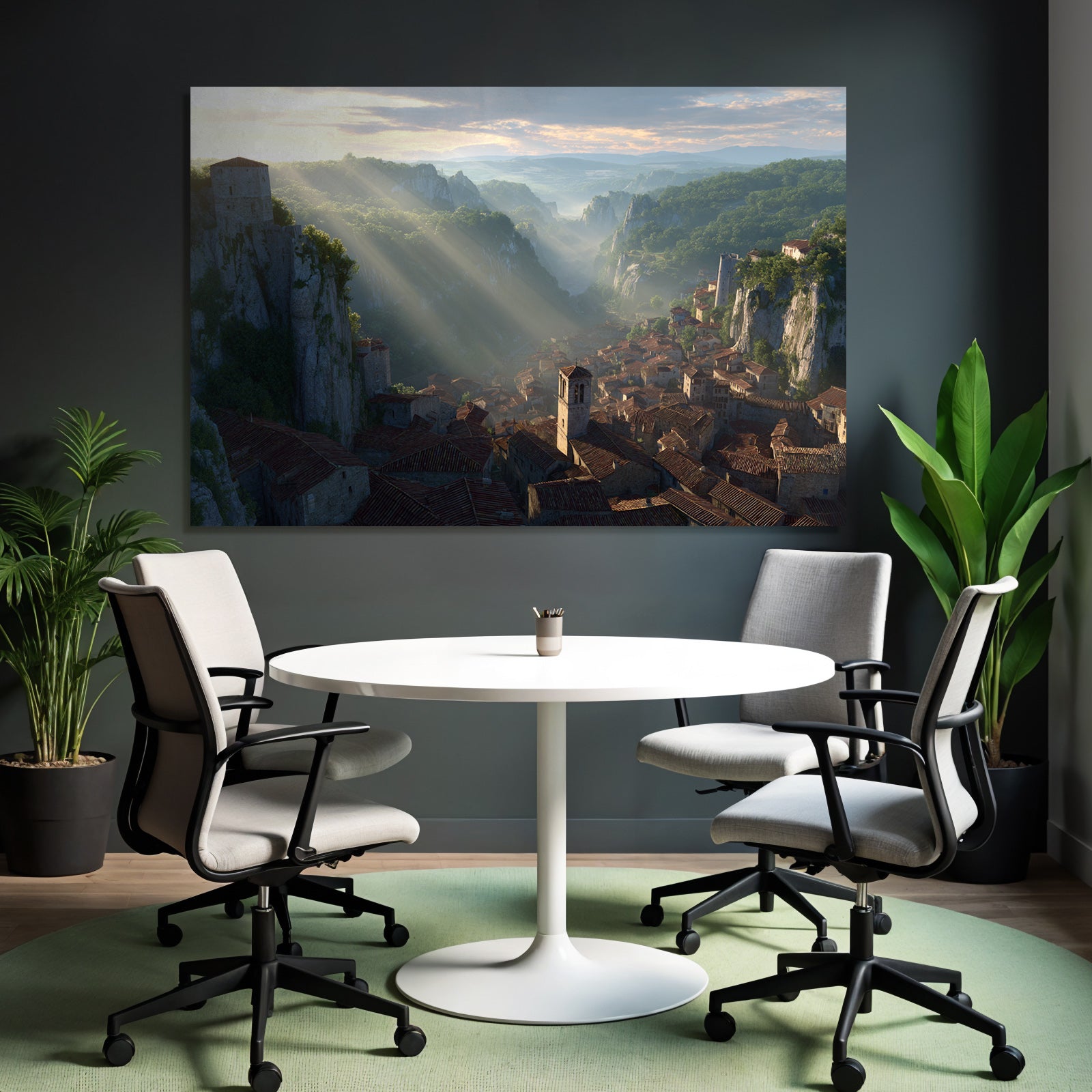 Picturesque landscape village in the valley with radical rocks and green