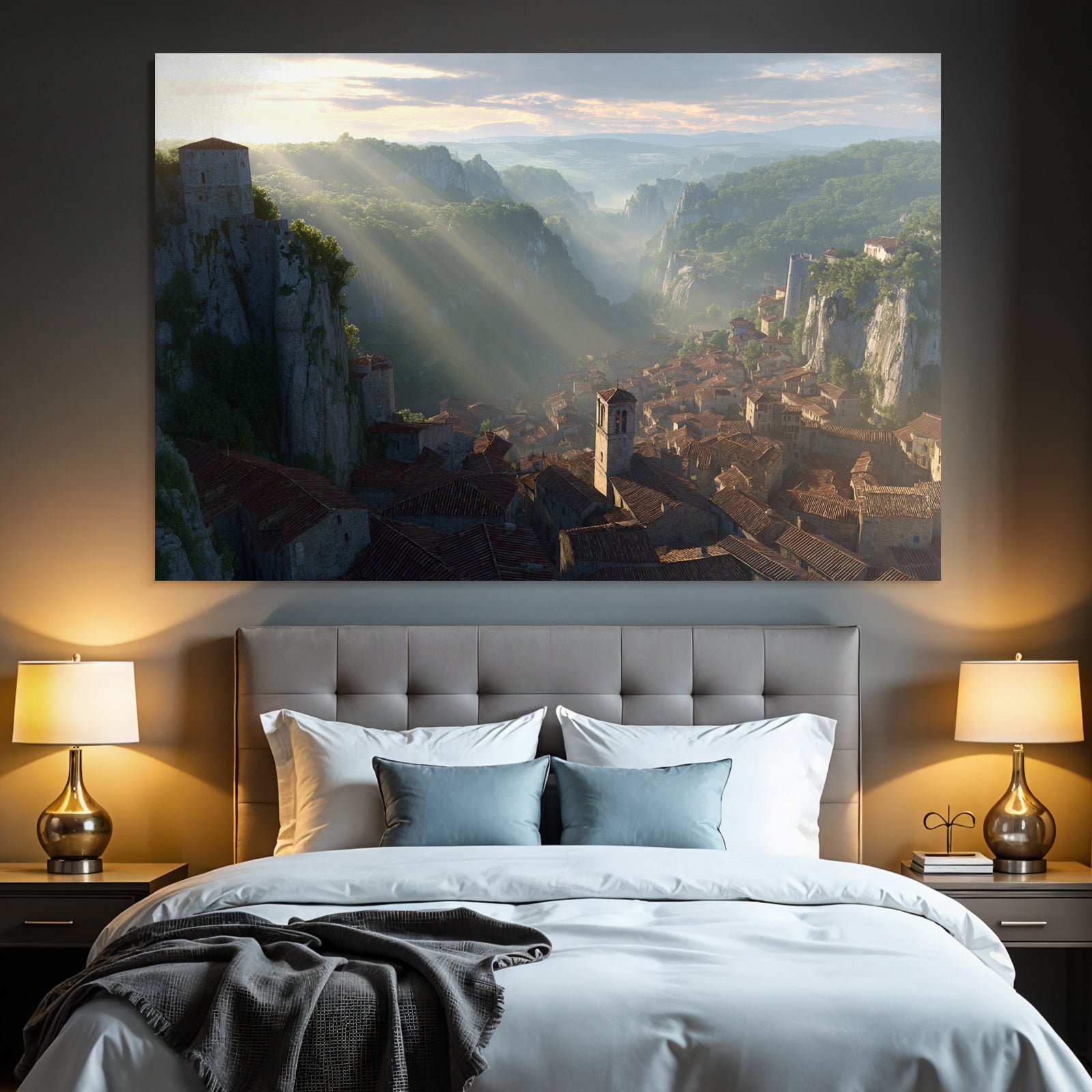 Picturesque landscape village in the valley with radical rocks and green