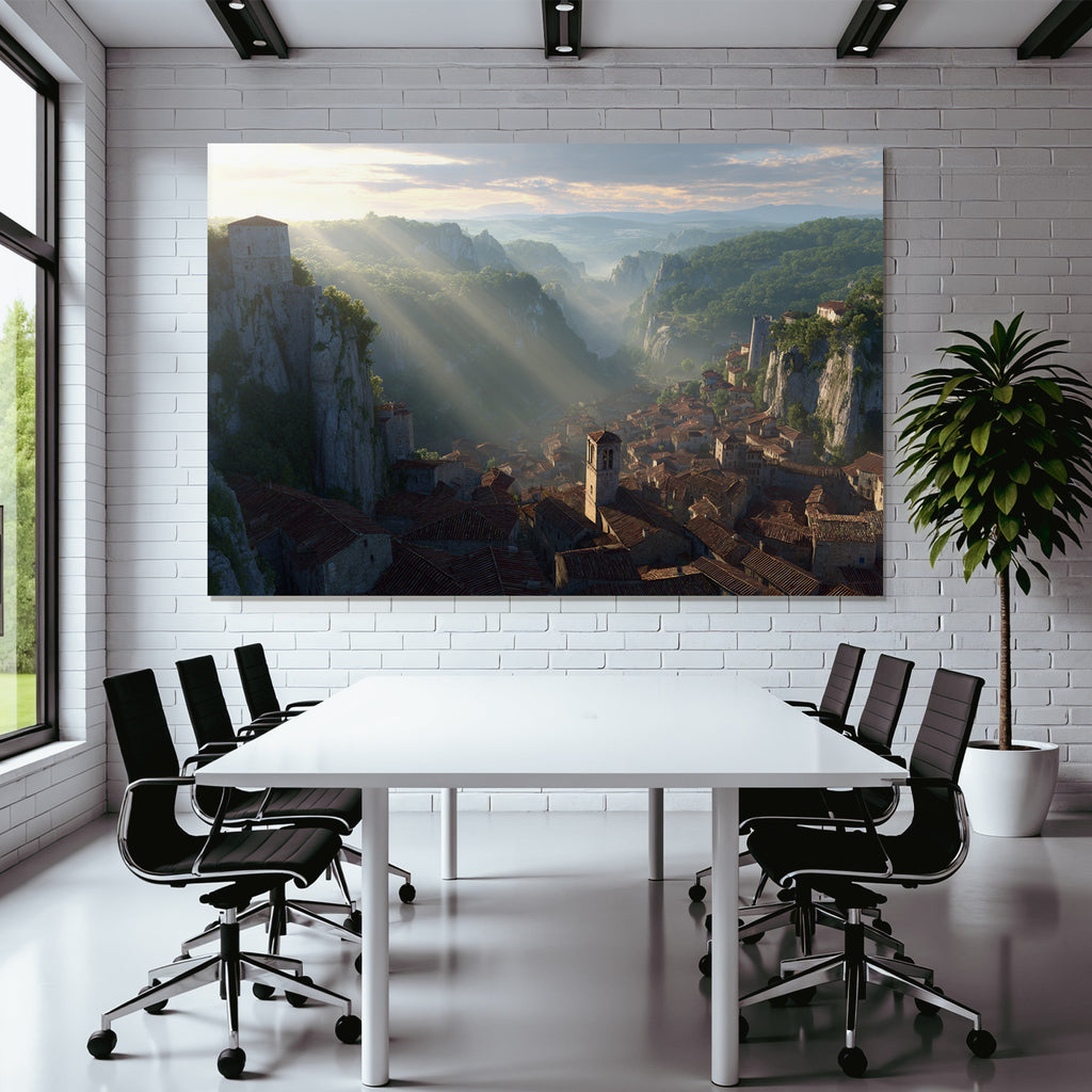 Picturesque landscape village in the valley with radical rocks and green