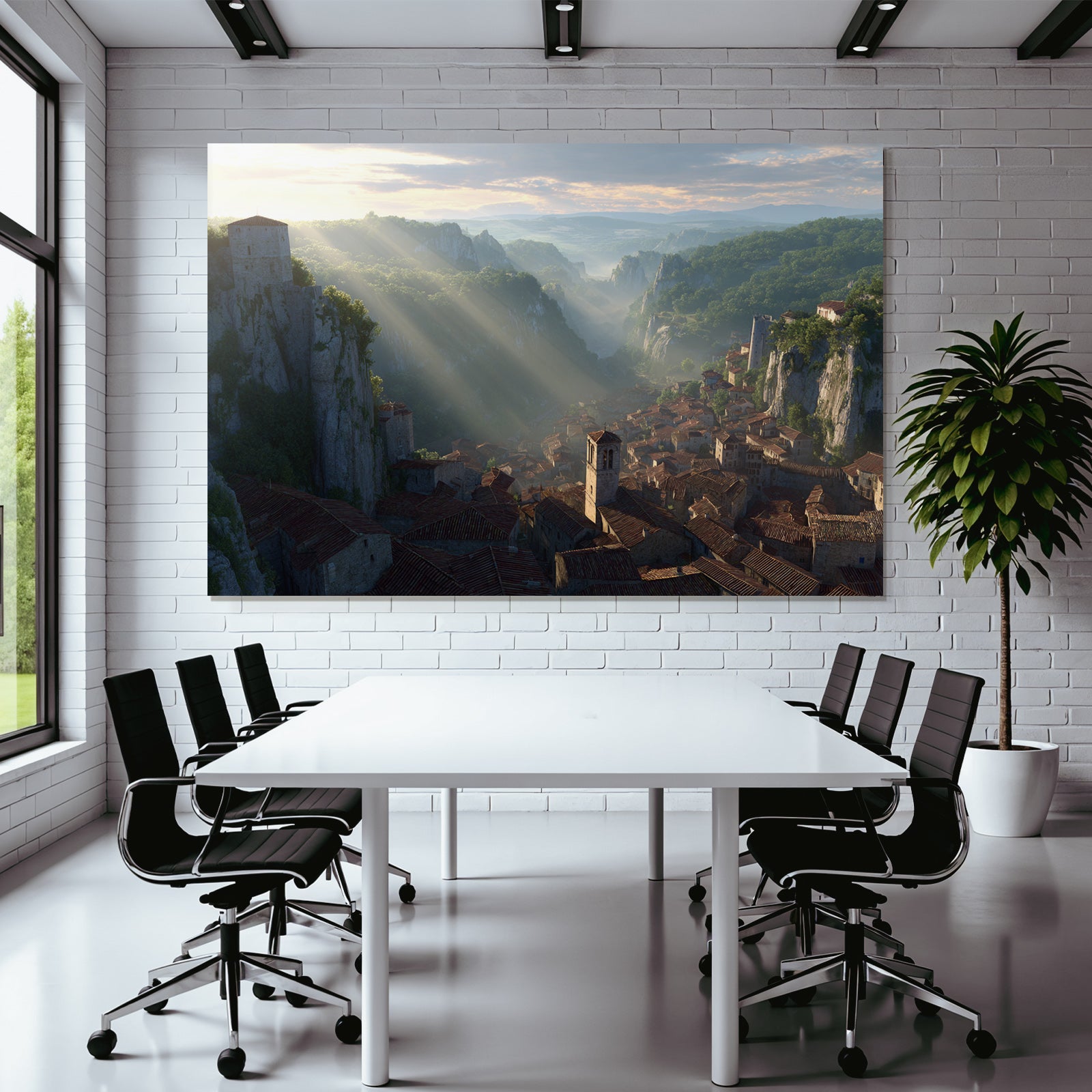 Picturesque landscape village in the valley with radical rocks and green