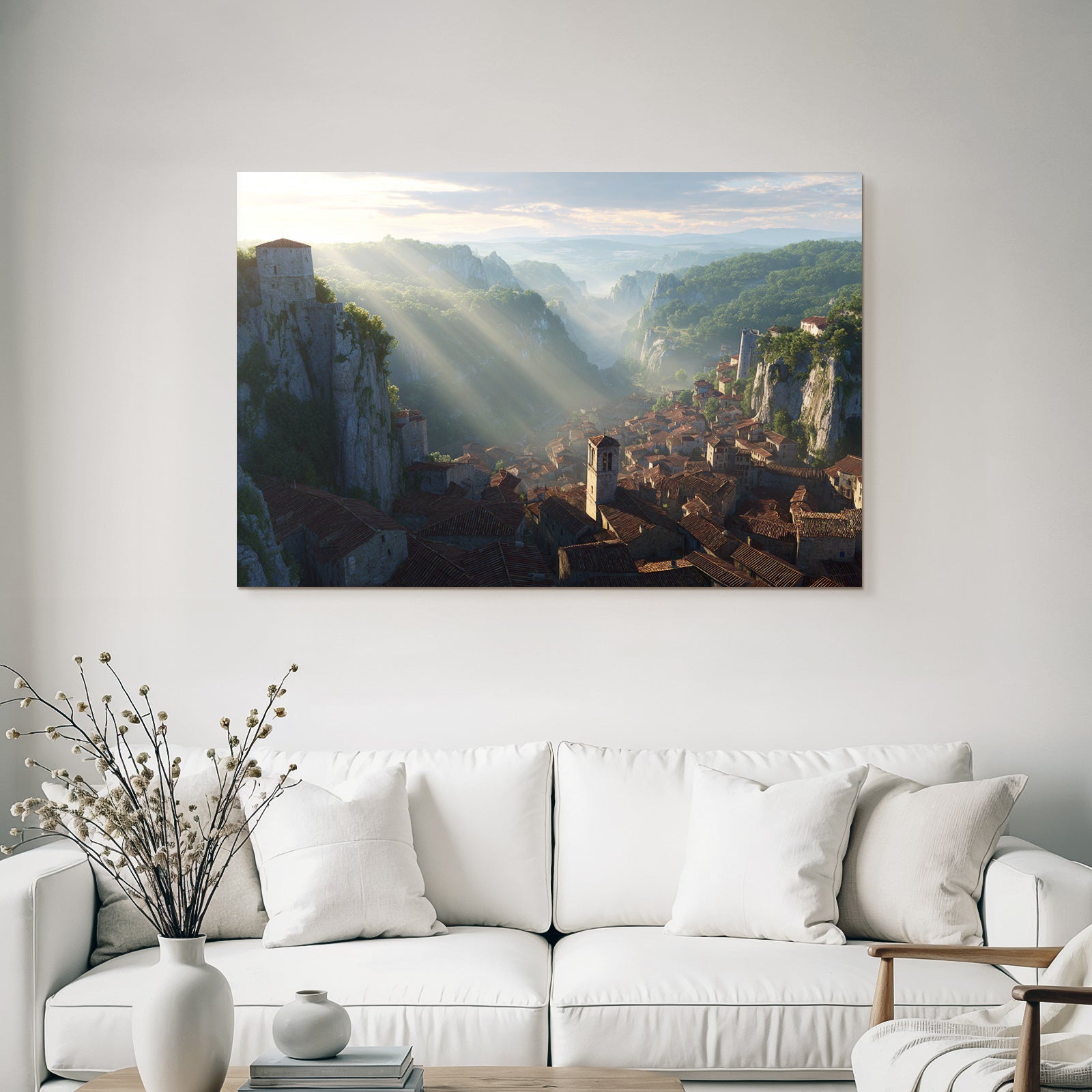 Picturesque landscape village in the valley with radical rocks and green