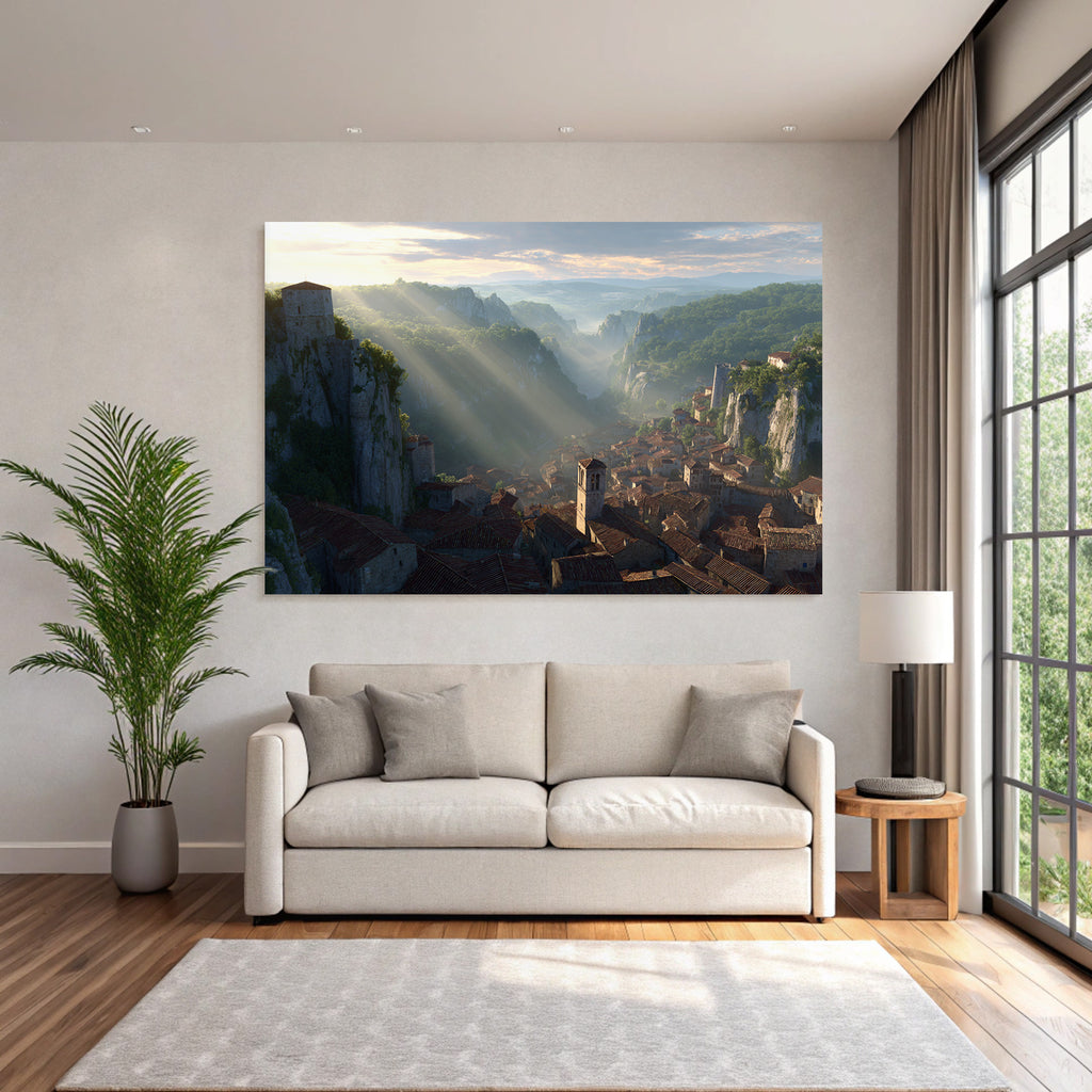 Picturesque landscape village in the valley with radical rocks and green
